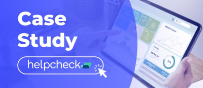 A person holding a tablet showing a dashboard next to a text &ldquo;Case study&rdquo; and Heyflow and Helpcheck logos