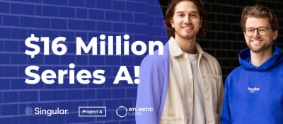 Amir and Dustin smiling next to a text &ldquo;$16 Million Series A&rdquo; and Heyflow, Singular, Project A, and Atlantic Labs logos